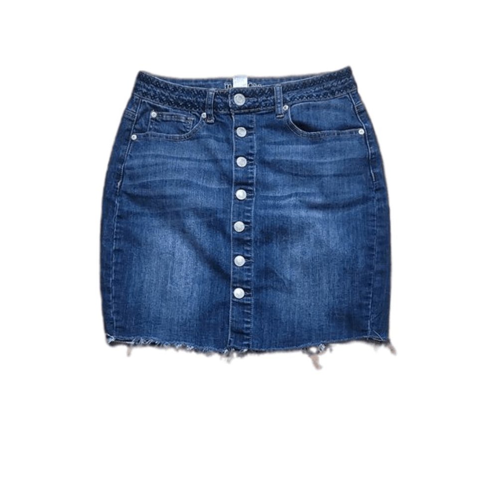 Maurices Button Up Blue Denim Jean Mini Skirt Size 1 or Size 2  Buttons